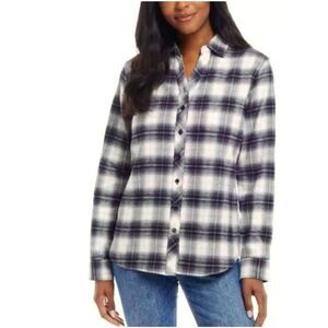 Weatherproof Women XXL Brushed Flannel Shirt Black Plaid Long Sleeve Notch Vneck